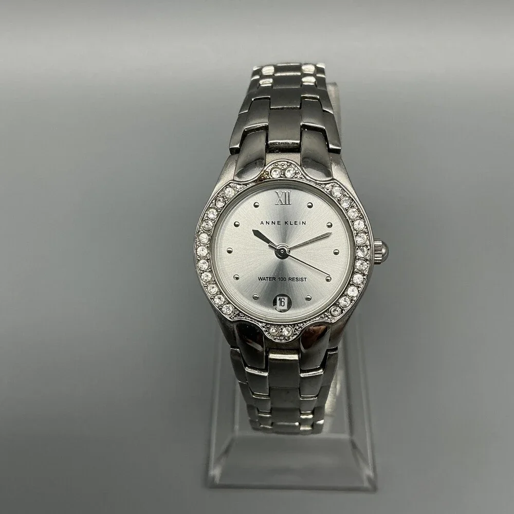 Anne Klein Womens Watch 24mm Silver Dial Crystal Bezel Date New Battery 6.25